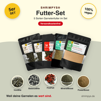 SHRIMPYS® Futter-Set mit fünf Sorten Garnelenfutter – IronBite, BalanceBite, FirePott, MineralBoost und PowerBoost, je 30 g, aus deutscher Nachzucht – garnelen-pott.live Essen