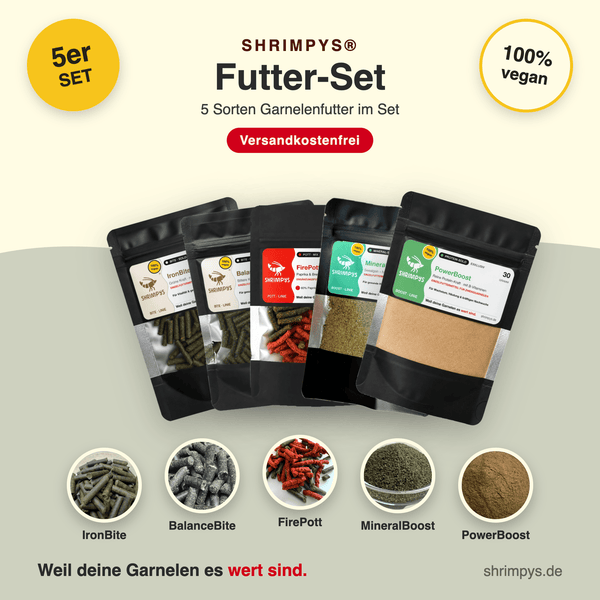 SHRIMPYS® Futter-Set mit fünf Sorten Garnelenfutter – IronBite, BalanceBite, FirePott, MineralBoost und PowerBoost, je 30 g, aus deutscher Nachzucht – garnelen-pott.live Essen