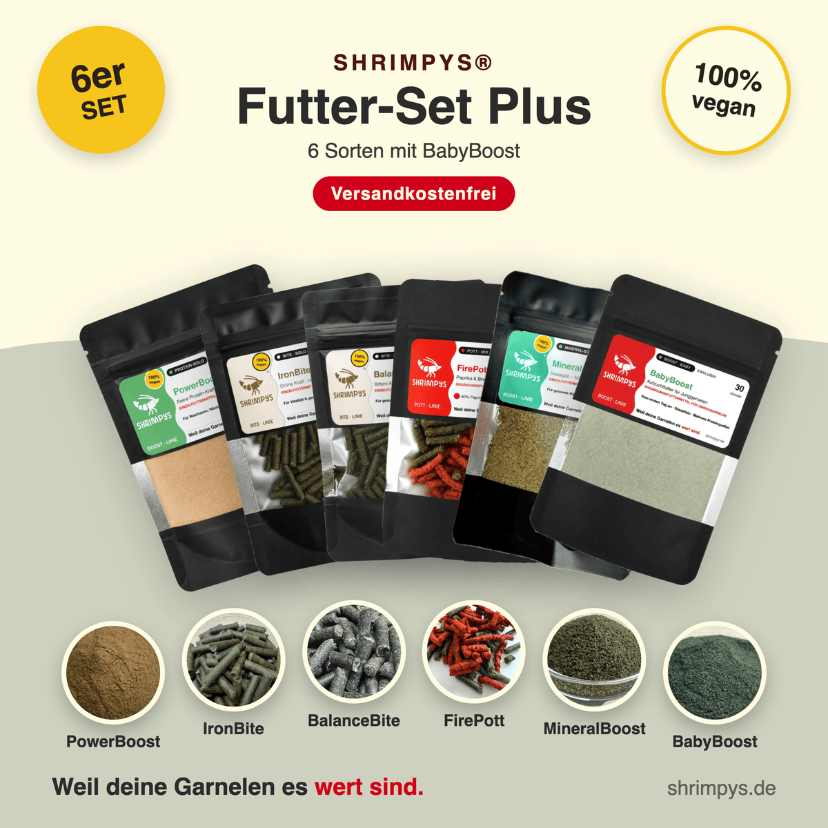 SHRIMPYS® Futter-Set Plus mit sechs Sorten Garnelenfutter – PowerBoost, IronBite, BalanceBite, FirePott, MineralBoost und BabyBoost, je 30 g, aus deutscher Nachzucht – garnelen-pott.live Essen