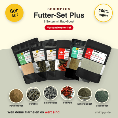 SHRIMPYS® Futter-Set Plus mit sechs Sorten Garnelenfutter – PowerBoost, IronBite, BalanceBite, FirePott, MineralBoost und BabyBoost, je 30 g, aus deutscher Nachzucht – garnelen-pott.live Essen