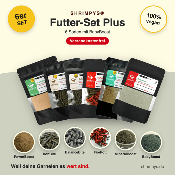 SHRIMPYS® Futter-Set Plus mit sechs Sorten Garnelenfutter – PowerBoost, IronBite, BalanceBite, FirePott, MineralBoost und BabyBoost, je 30 g, aus deutscher Nachzucht – garnelen-pott.live Essen